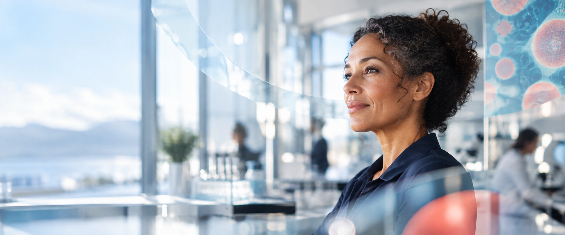 A woman looking forward in a bright clinical research environment